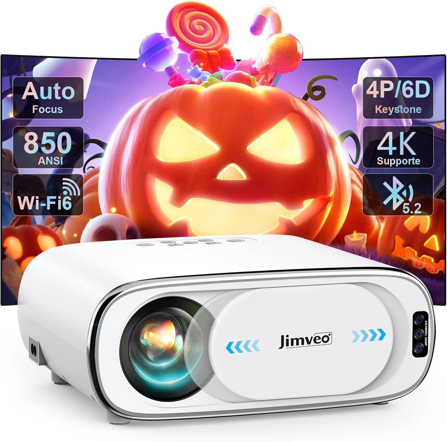 DATASHOW PROJECTEUR JIMVEO E30 WIFI6 BLUETOOTH 12000LUX 600ANSI ADJUSTABLE AUTO FOCUS 300 POUCE WHITE FULL HD
